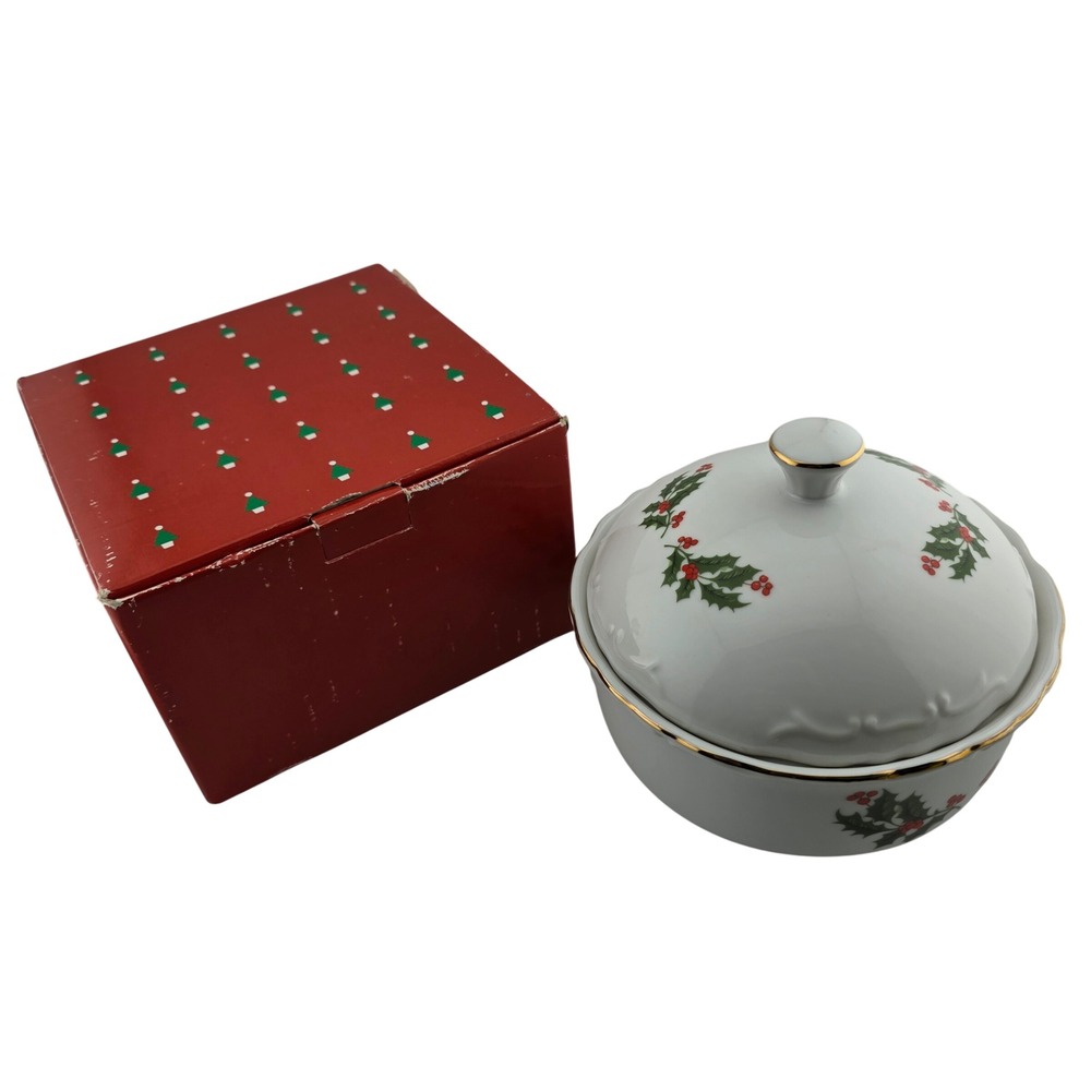 Mervyns Porcelain Holly Candy Box w Lid Vintage Japan No. 3345-105 Holiday Retro